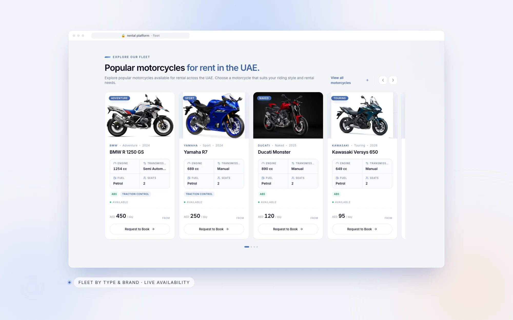 Motorcycle rental fleet page with bikes filtered by brand and riding style