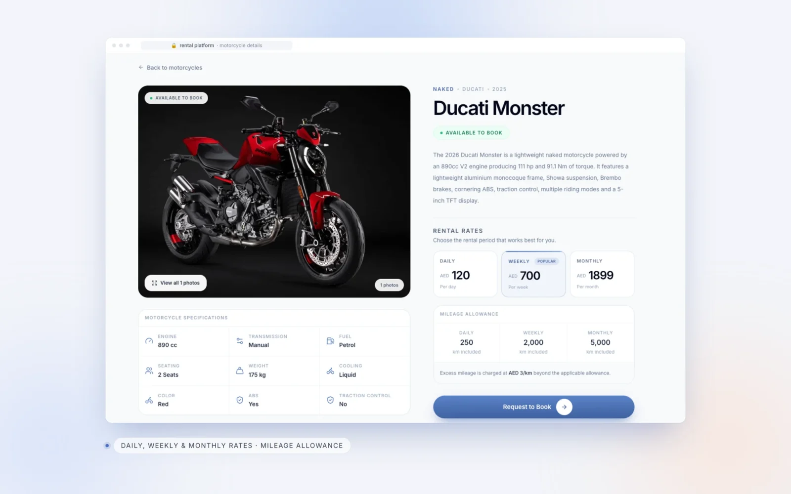 Bike details page with daily, weekly and monthly rental prices and a Book Now button