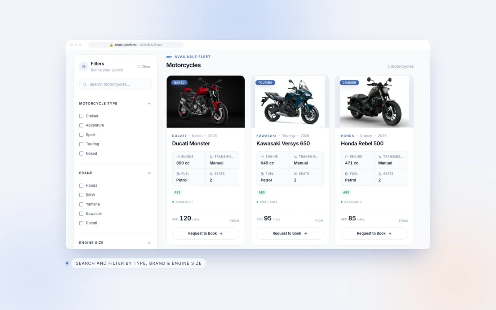 Rental search filters for bike type, brand, dates and price