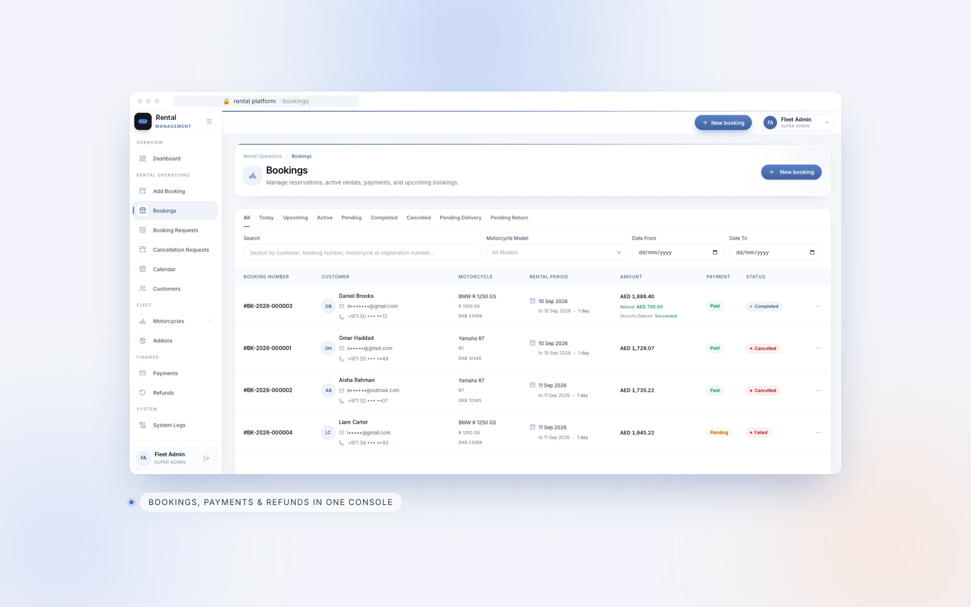 Admin dashboard listing motorcycle rental bookings and payment status