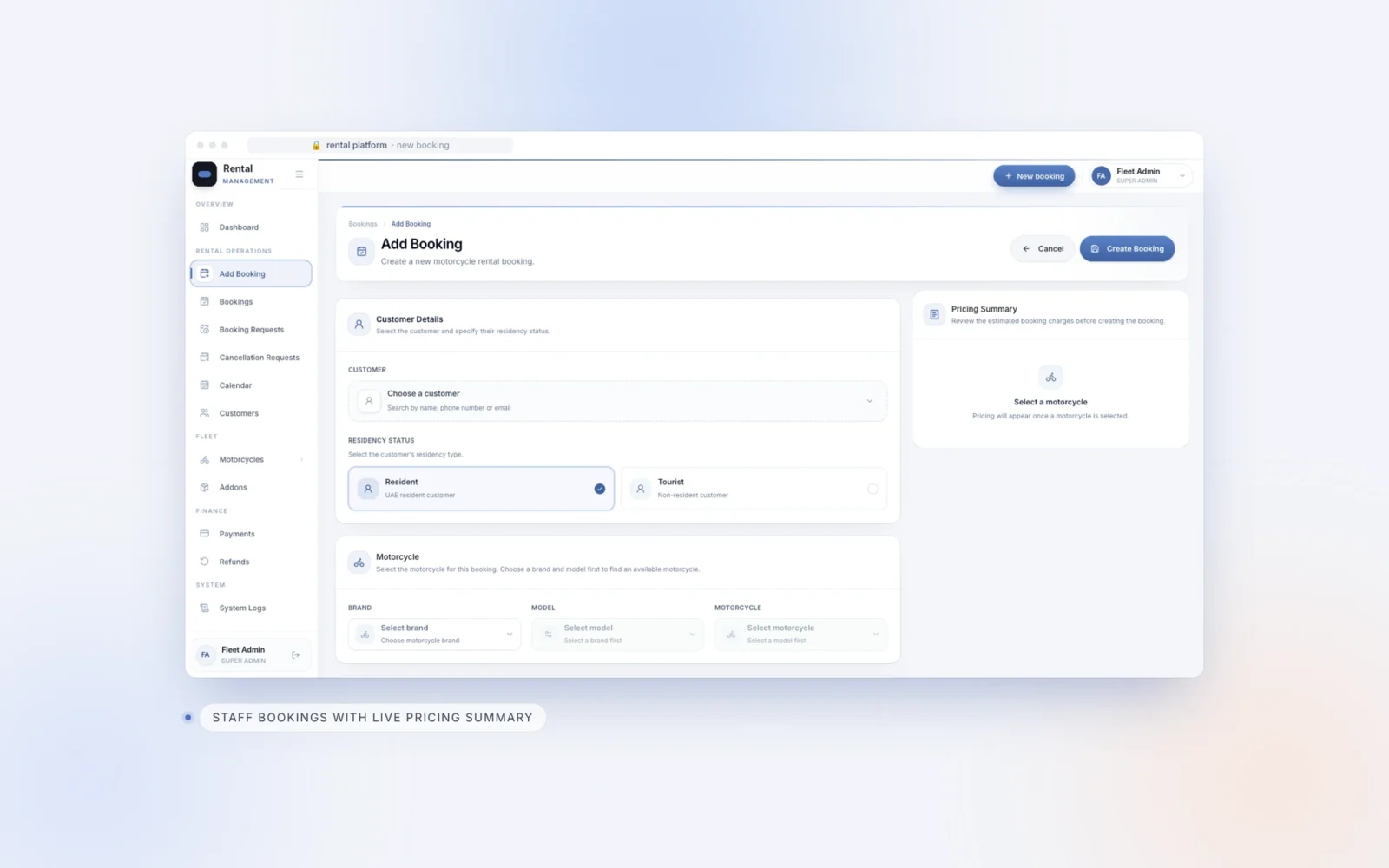 Admin form for creating a new motorcycle rental booking