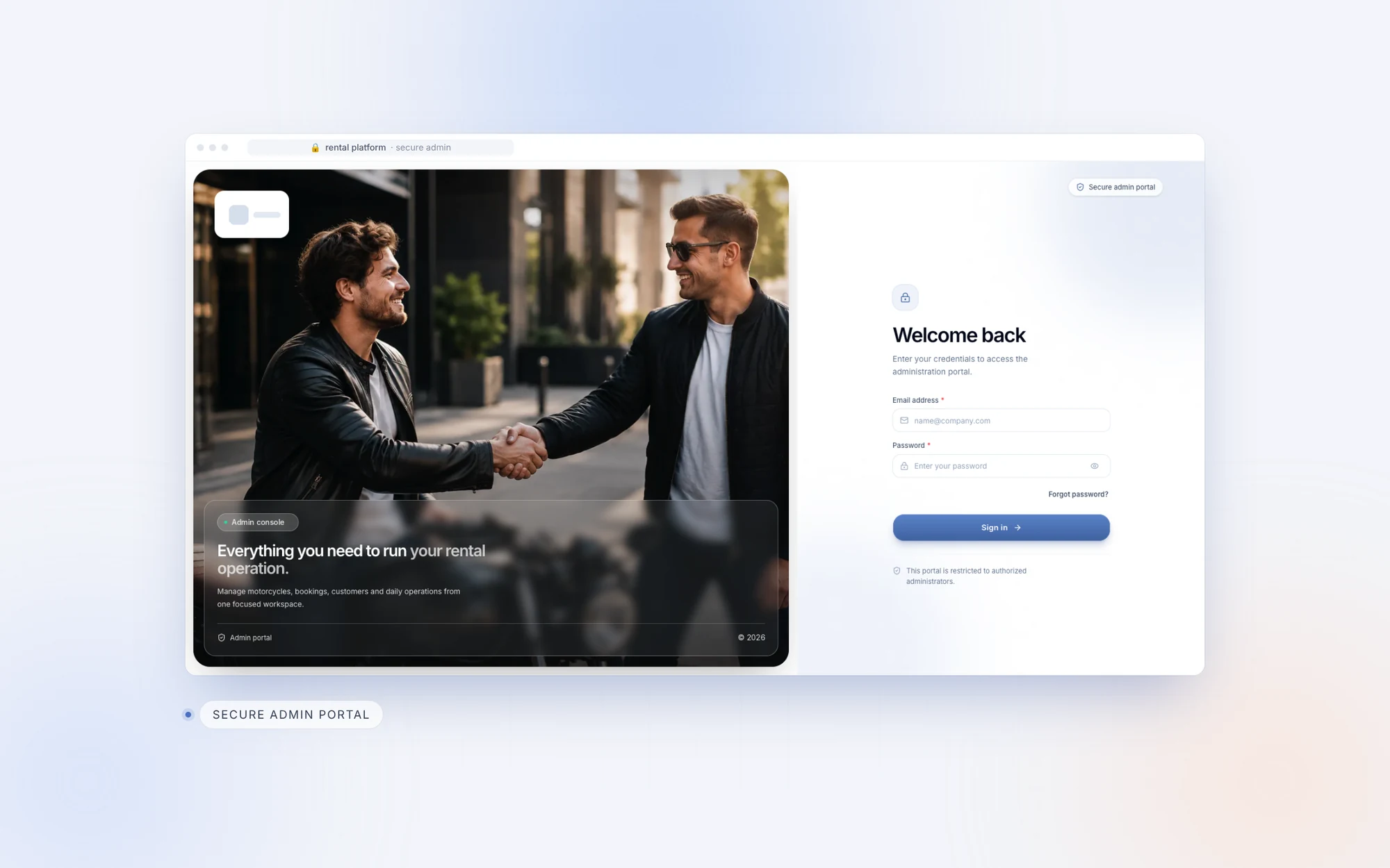 Secure admin console login for the motorcycle rental booking system